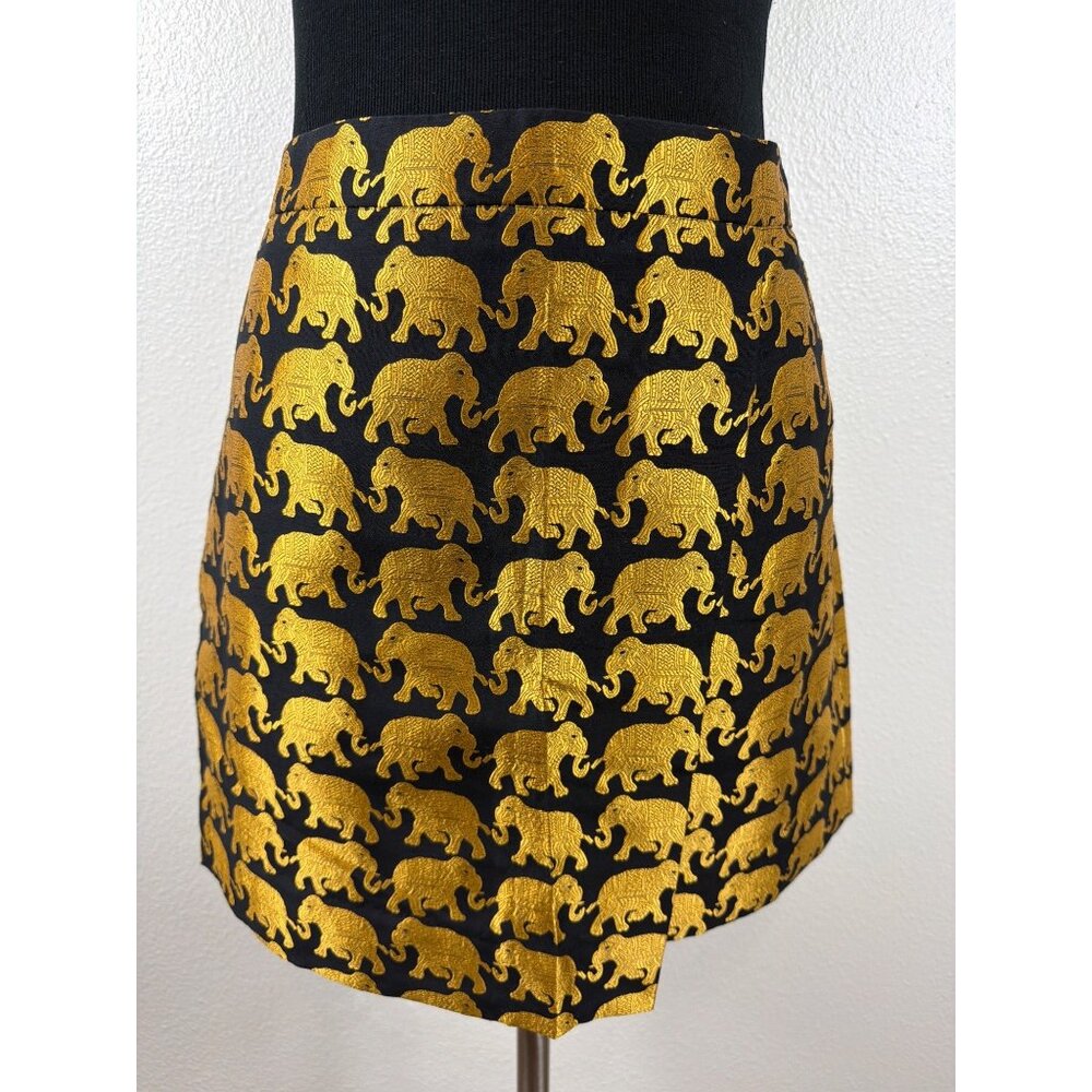 J.Crew Gold Elephant Print Mini Skirt Metallic Black Preppy Lined Altered Sz 12 - Picture 8 of 15